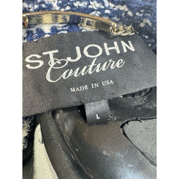 St. John Coture Navy Boucle Fringe Jacket USA Quiet Luxury Power Dress Size L - Picture 6 of 8